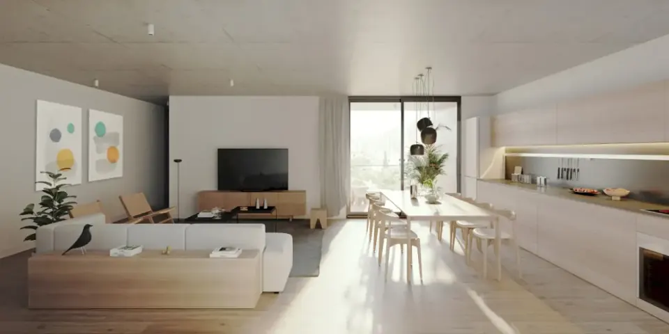 Living comedor con cocina lineal y salida al balcón