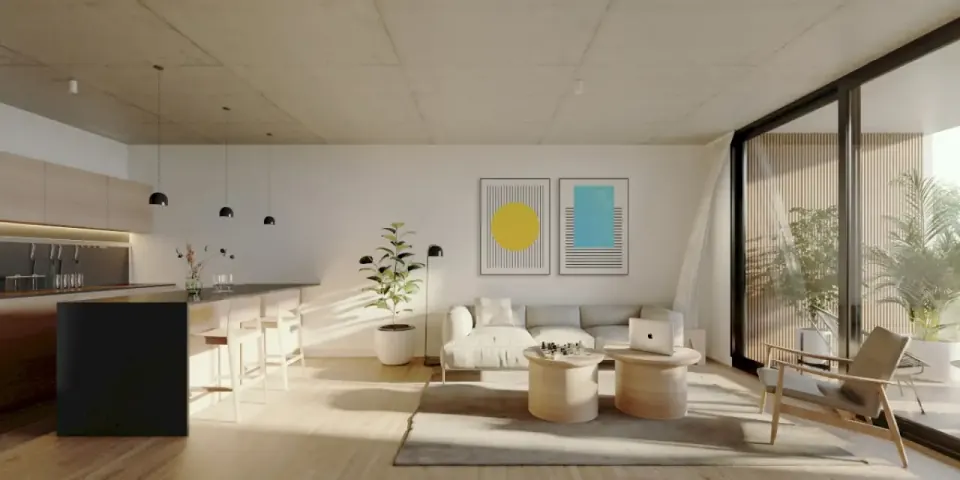 Living con cocina integrada e isla, luz natural y vegetación