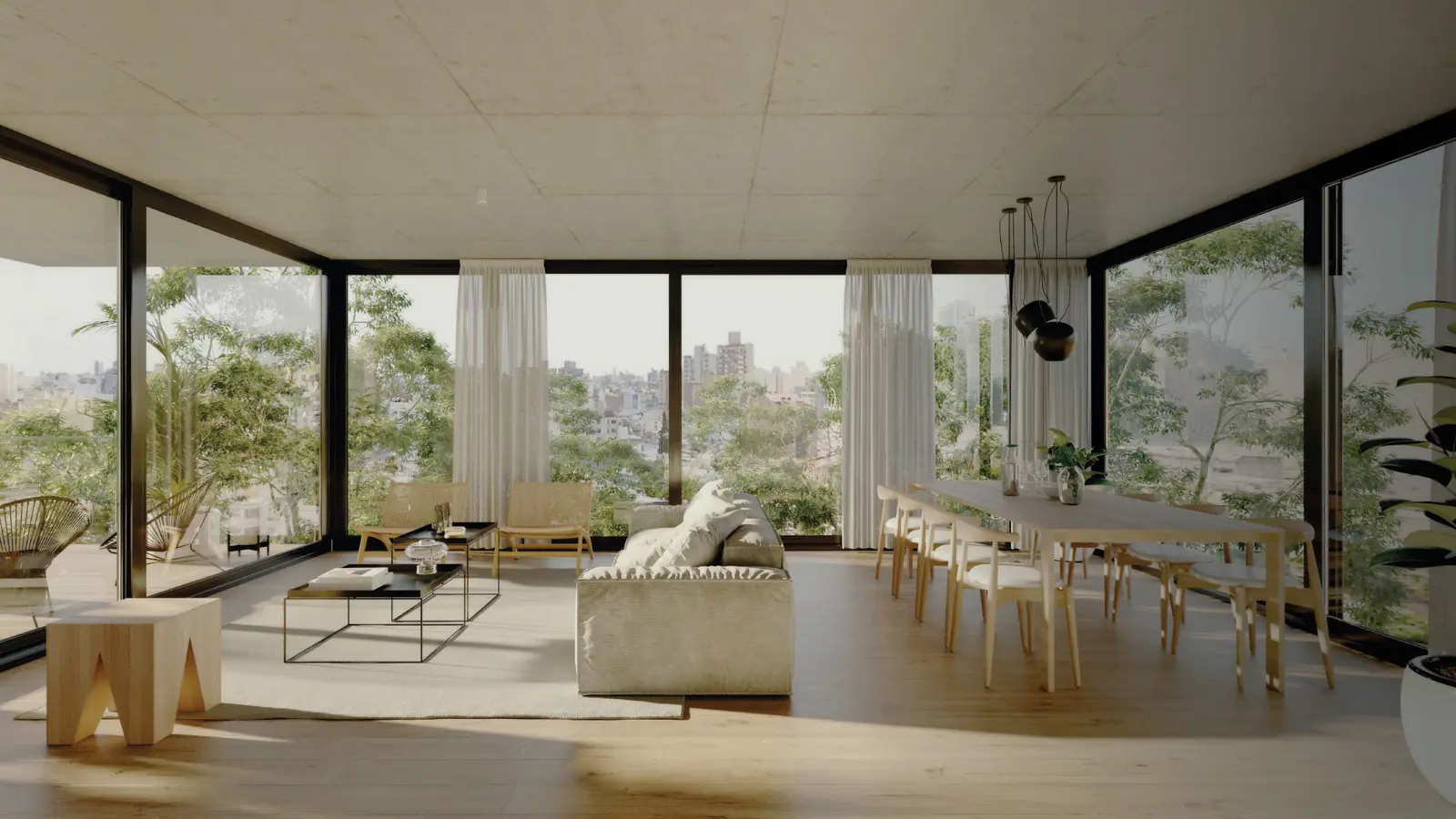 Living comedor en esquina con ventanales y vista a los árboles