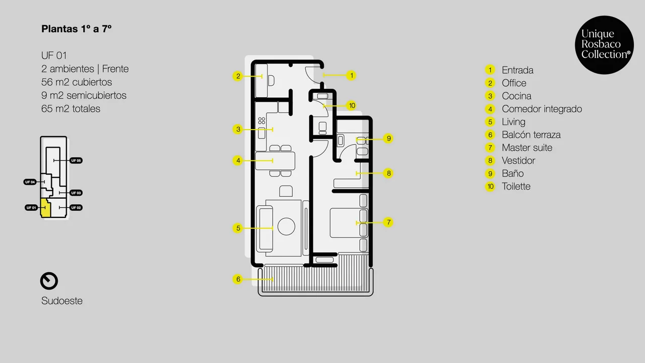Plano de la unidad de 2 ambientes UF 01, pisos 1° a 7°