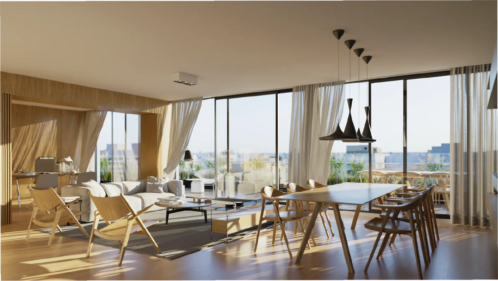 Interior residencial de CINCO con materiales nobles y luz natural